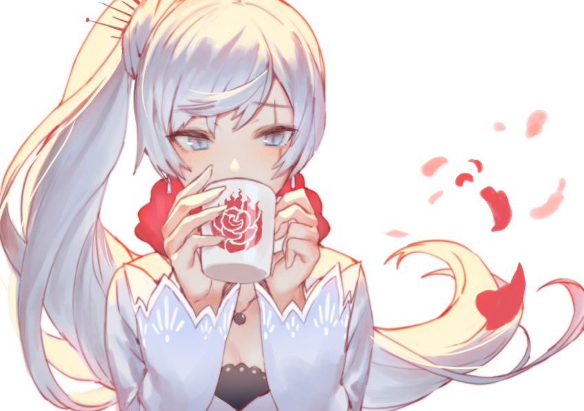 1girl bangs blue_eyes cape collar cup drinking eyebrows_visible_through_hair grey_eyes hair_ornament hairpin holding holding_cup izumi_sai jewelry long_hair long_sleeves looking_down necklace ponytail rwby scar scar_across_eye side_ponytail silver_hair solo weiss_schnee white_background
