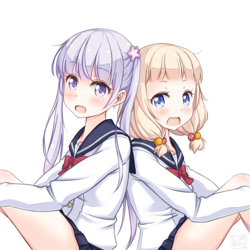 2girls absurdres back-to-back black_skirt blonde_hair blue_eyes blush bow bowtie collarbone eyebrows_visible_through_hair hair_bobbles hair_ornament highres long_hair looking_at_viewer miniskirt multiple_girls new_game! open_mouth pleated_skirt purple_hair red_bow red_bowtie sainohikari sakura_nene school_uniform serafuku shirt short_hair simple_background sitting skirt suzukaze_aoba twintails violet_eyes white_background white_shirt