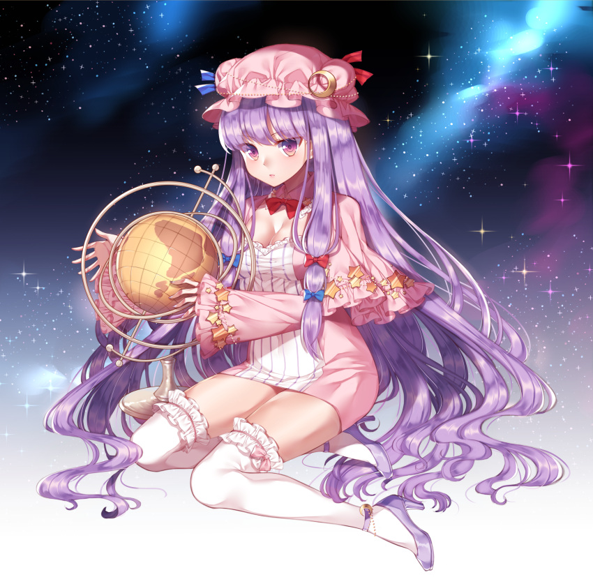 1girl absurdres bangs blue_bow blunt_bangs bow breasts capelet cleavage crescent crescent_hair_ornament detached_collar dress full_body gem_oblivion globe hair_bow hair_ornament hat highres long_hair long_sleeves looking_at_viewer medium_breasts mob_cap over-kneehighs patchouli_knowledge purple_hair purple_legwear red_bow short_dress sky solo star star_(sky) starry_sky striped striped_dress thigh-highs touhou very_long_hair violet_eyes wavy_hair white_legwear