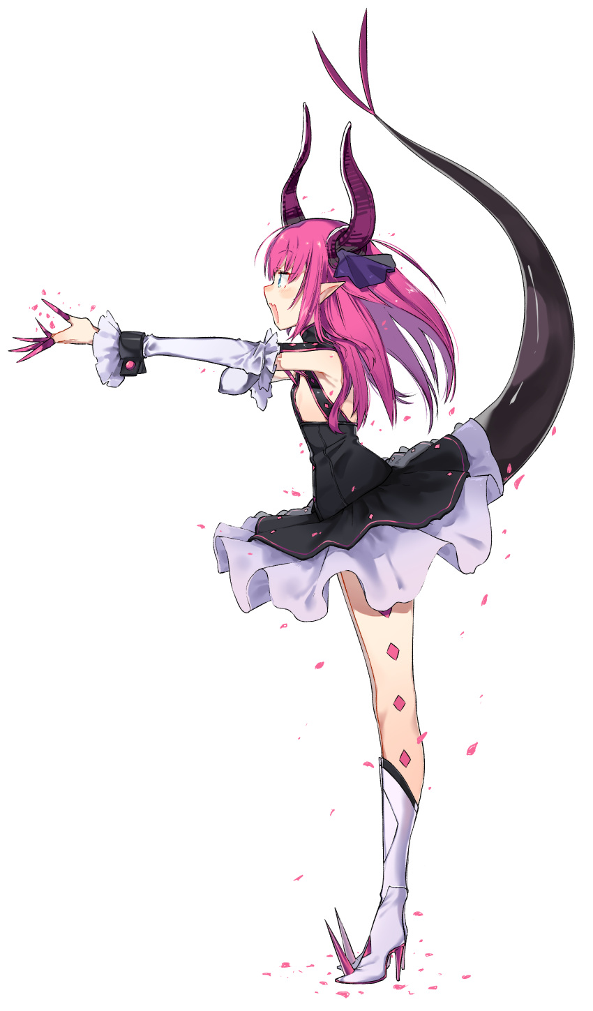 1girl absurdres blue_eyes blush detached_sleeves dragon_horns dragon_tail dress fang fate/extra fate/extra_ccc fate_(series) flower high_heels highres horns kei_(soundcross) lancer_(fate/extra_ccc) long_hair open_mouth pointy_ears purple_hair solo tail tail_raised