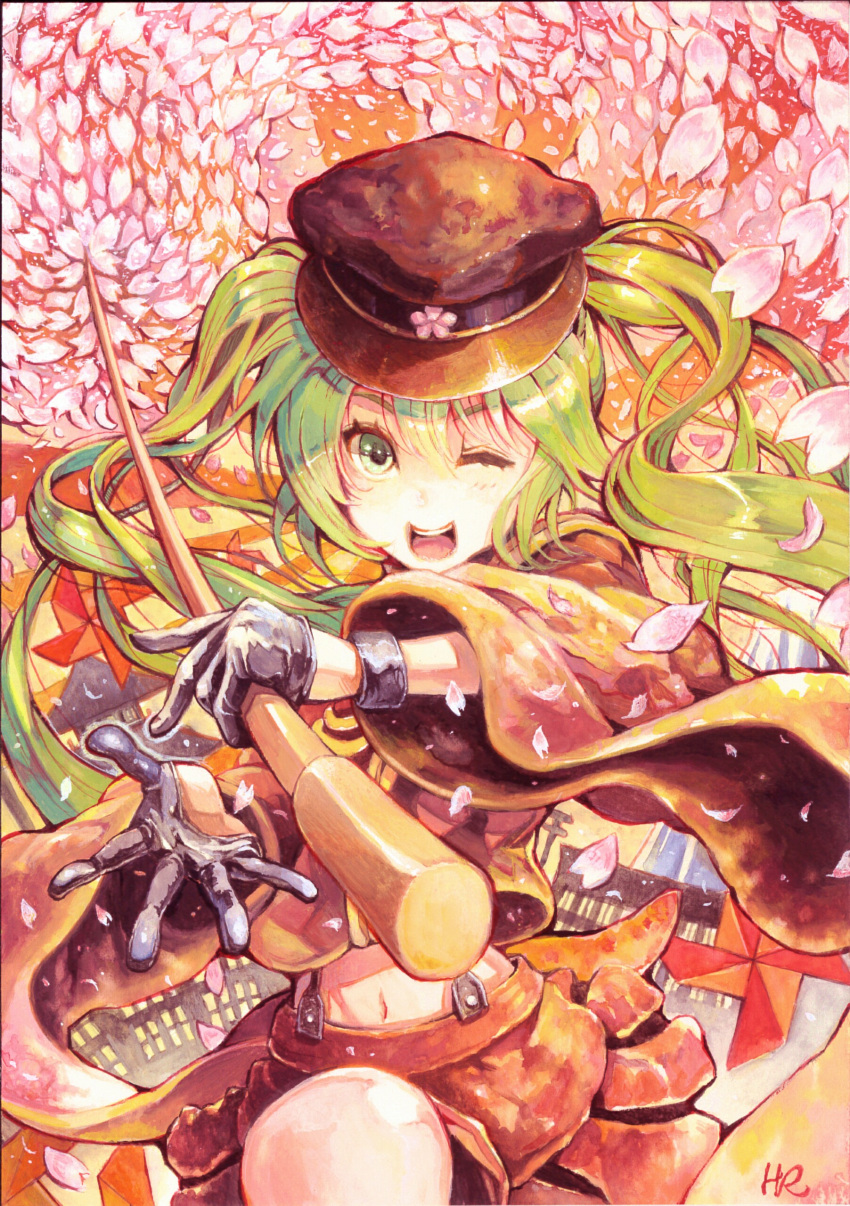 1girl :d absurdres bangs brown_jacket brown_skirt cherry_blossoms city commentary_request foreshortening gloves green_eyes green_hair hat hatsune_miku highres holding holding_wand hoshizaki_reita long_hair long_sleeves looking_at_viewer making_of midriff navel open_mouth petals pleated_skirt senbon-zakura_(vocaloid) senbonzakura signature skirt smile solo suspender_skirt suspenders traditional_media twintails vocaloid wand wide_sleeves wristband