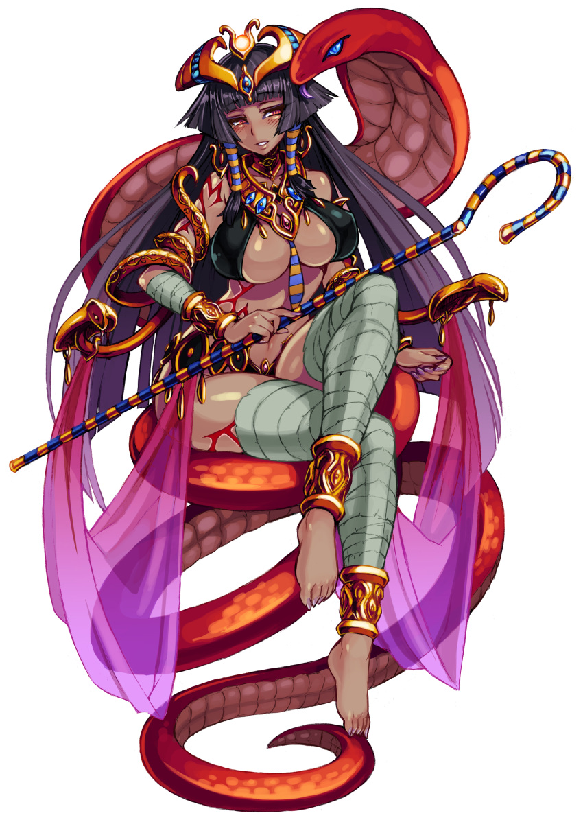 1girl absurdres anklet bandage bare_shoulders barefoot blush breasts cleavage crown dark_skin egyptian full_body gold highres jewelry kenkou_cross large_breasts legs_crossed long_hair looking_at_viewer monster_girl monster_girl_encyclopedia navel official_art pharaoh_(monster_girl_encyclopedia) purple_hair red_eyes sitting snake solo staff