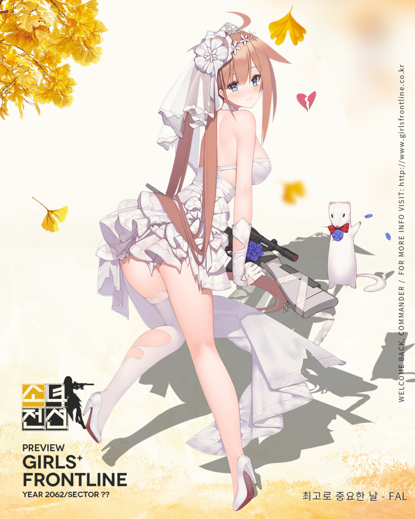 1girl ahoge animal ass bangs battle_rifle blonde_hair blue_eyes blunt_bangs blush bow bowtie breasts bridal_veil bride broken_heart character_name choker closed_mouth copyright_name dress elbow_gloves eyebrows_visible_through_hair fal_(girls_frontline) flower fn_fal from_behind full_body girls_frontline gloves gun hair_flower hair_ornament high_heels highres knees_together_feet_apart knife korean large_breasts leg_up long_hair looking_at_viewer looking_back official_art one_leg_raised rat red_bow red_bowtie rifle scope shadow shoes short_dress side_ponytail single_thighhigh solo standing standing_on_one_leg strapless strapless_dress suisai. thigh-highs torn_clothes torn_dress veil very_long_hair weapon wedding_dress white_background white_dress white_flower white_gloves white_legwear white_shoes