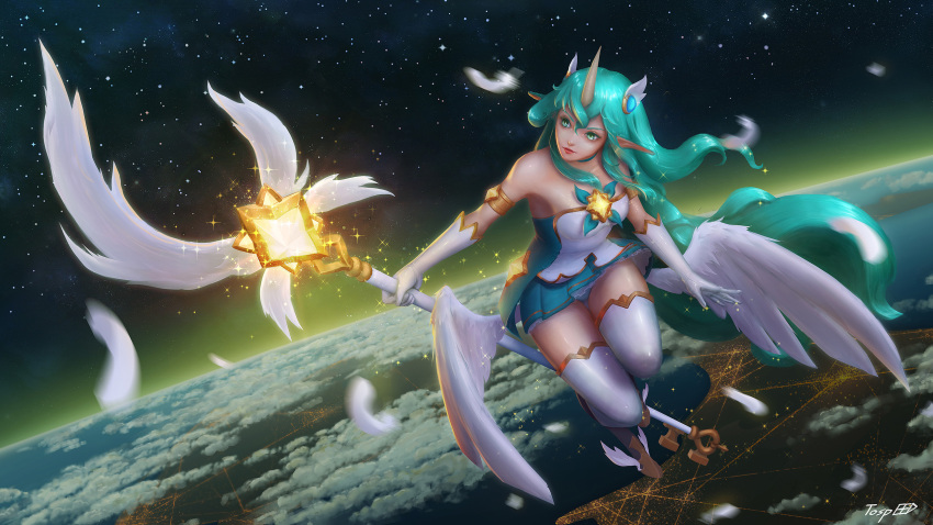 alternate_hair_color familiar green_eyes green_hair highres horns league_of_legends magical_girl school_uniform serafuku skirt soraka staff star_guardian_soraka thigh-highs zettai_ryouiki