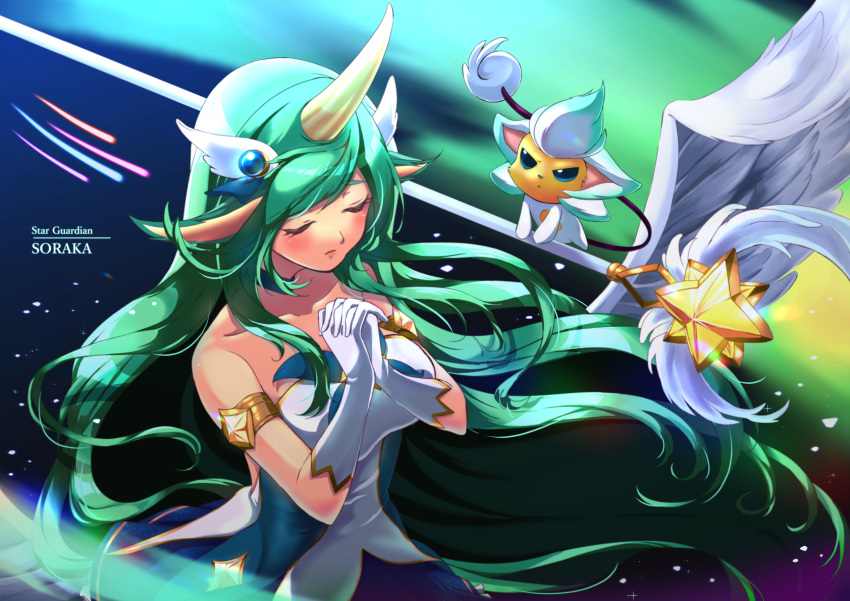 1girl alternate_costume alternate_hair_color armlet breasts character_name closed_eyes gloves green_hair hair_ornament hands_together highres horn league_of_legends long_hair magical_girl niu pointy_ears skirt solo soraka staff star_guardian_soraka very_long_hair white_gloves white_wings wings
