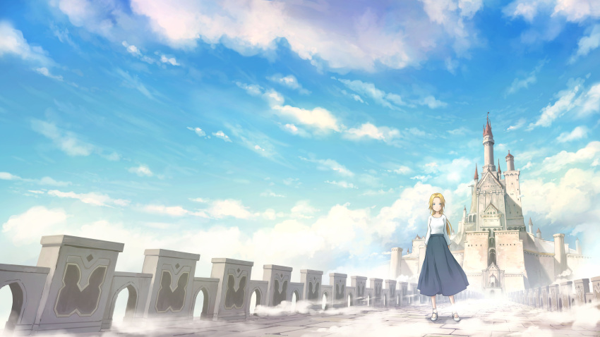 1girl absurdres arms_behind_back blonde_hair blue_eyes blue_skirt blue_sky bridge castle closed_mouth clouds cloudy_sky commentary_request day fog graphite_(medium) highres long_hair long_skirt long_sleeves looking_at_viewer mary_janes mitsuki_(yu_hsiang_yi) outdoors railing scenery shoes skirt sky smile socks solo tower traditional_media white_legwear