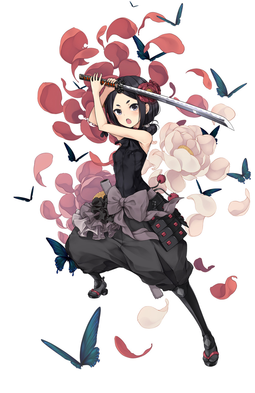 1girl :o arms_up bare_shoulders black_eyes black_hair black_legwear bow butterfly eyebrows fighting_stance flower full_body grey_bow hair_flower hair_ornament hairband highres holding holding_sword holding_weapon katana looking_at_viewer official_art petals princess_principal princess_principal_game_of_mission sandals scabbard sheath short_hair sleeveless solo standing sword toudou_chise weapon