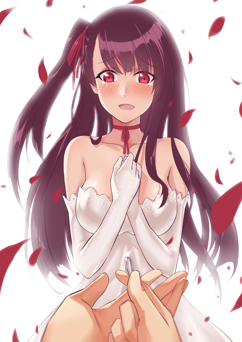 1girl absurdres asymmetrical_bangs backlighting bangs bare_shoulders blush bridal_gauntlets collarbone dress eyebrows_visible_through_hair girls_frontline hair_ribbon hands_up happy heye_(div) highres jewelry long_hair looking_at_viewer neck_ribbon nose_blush one_side_up open_mouth own_hands_together petals pov proposal purple_hair purple_ribbon ribbon ring solo_focus tsurime violet_eyes wa2000_(girls_frontline) wedding_dress white_dress