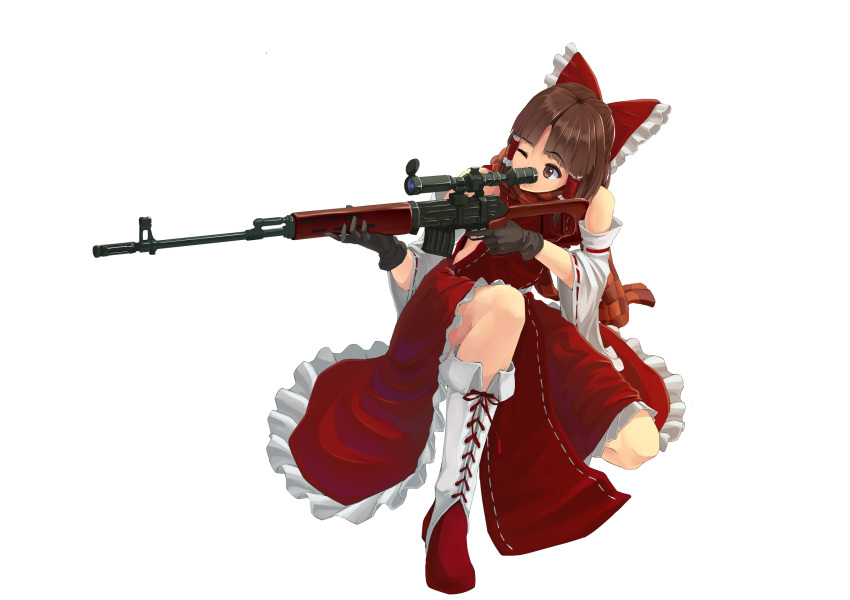 1girl benikurage blush boots bow brown_eyes brown_gloves brown_hair closed_mouth cookie_(touhou) detached_sleeves eyebrows_visible_through_hair gloves gun hair_bow hakurei_reimu highres holding holding_gun holding_weapon hundred-jpy knee_boots looking_away red_bow rifle scope short_hair smile sniper_rifle solo touhou weapon white_boots