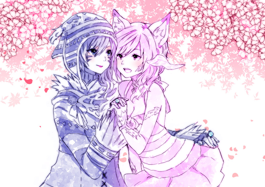2girls absurdres animal_ears au_ra blush cat_ears final_fantasy final_fantasy_xiv hand_holding highres horns interlocked_fingers looking_at_another md5_mismatch miqo'te multiple_girls open_mouth poncho smile swimsuit yuri