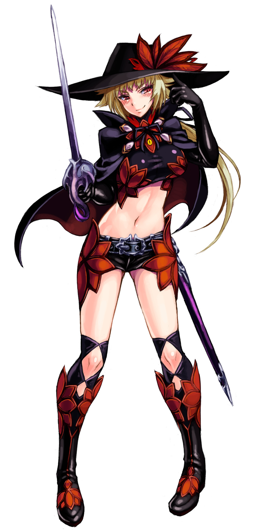1girl absurdres blonde_hair boots breasts dhampir_(monster_girl_encyclopedia) full_body hat highres kenkou_cross long_hair looking_at_viewer medium_breasts midriff monster_girl monster_girl_encyclopedia navel official_art ponytail red_eyes short_shorts shorts simple_background smirk solo standing sword vampire weapon white_background