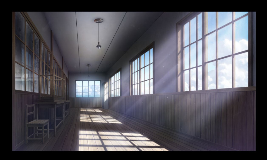 black_border blue_sky border chair clouds cloudy_sky commentary day hallway indoors kimura_(user_iht1203) light_bulb no_humans original scenery school sky sunlight table window windowboxed wooden_floor