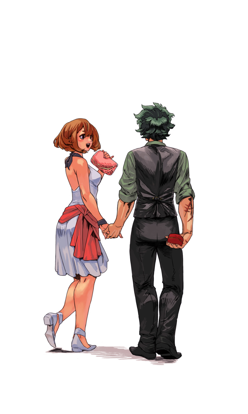 1boy 1girl archvermin bag boku_no_hero_academia brown_eyes brown_hair dress facing_away from_behind full_body green_hair green_shirt handbag high_heels highres holding jewelry_box looking_at_another midoriya_izuku older open-back_dress shirt shoes short_hair short_sleeves simple_background uraraka_ochako walking white_background white_dress white_shoes