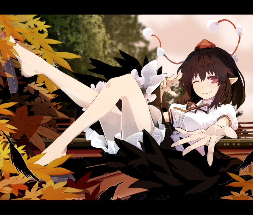 1girl ;) autumn_leaves bangs bare_legs black_skirt black_wings blurry blurry_background blush breasts brown_hair closed_mouth day foreshortening frilled_skirt frills futatsuki_eru geta hat legs_up letterboxed looking_at_viewer lying medium_breasts on_back one_eye_closed outdoors outstretched_arm pink_sky pointy_ears pom_pom_(clothes) puffy_short_sleeves puffy_sleeves reaching_out red_eyes red_hat red_ribbon ribbon shameimaru_aya shirt shoe_dangle short_hair short_sleeves skirt sky smile solo tokin_hat touhou tree white_shirt wings