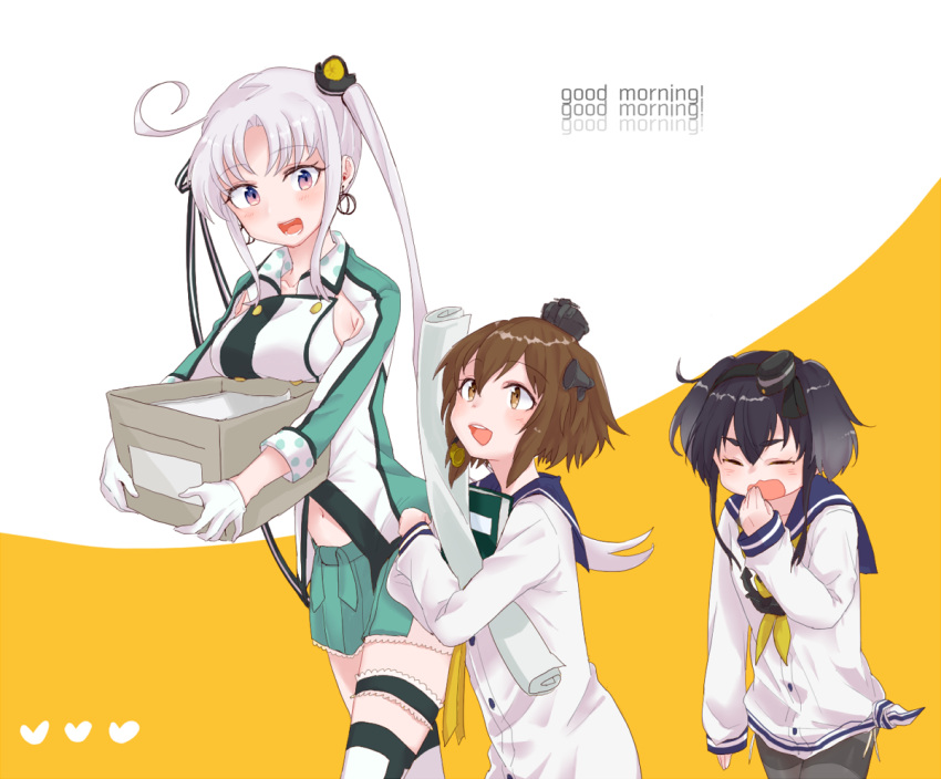 3girls achii_adachi akitsushima_(kantai_collection) black_hair black_legwear box breast_rest breasts brown_eyes brown_hair closed_eyes cowboy_shot dress gradient_hair hat headgear headset kantai_collection long_hair looking_up mini_hat multicolored_hair multiple_girls neckerchief open_mouth pantyhose paper purple_hair sailor_collar sailor_dress shirt short_hair short_hair_with_long_locks side_ponytail speaking_tube_headset thighband_pantyhose tied_shirt tokitsukaze_(kantai_collection) two_side_up upper_teeth violet_eyes yawning yellow_neckerchief yukikaze_(kantai_collection)