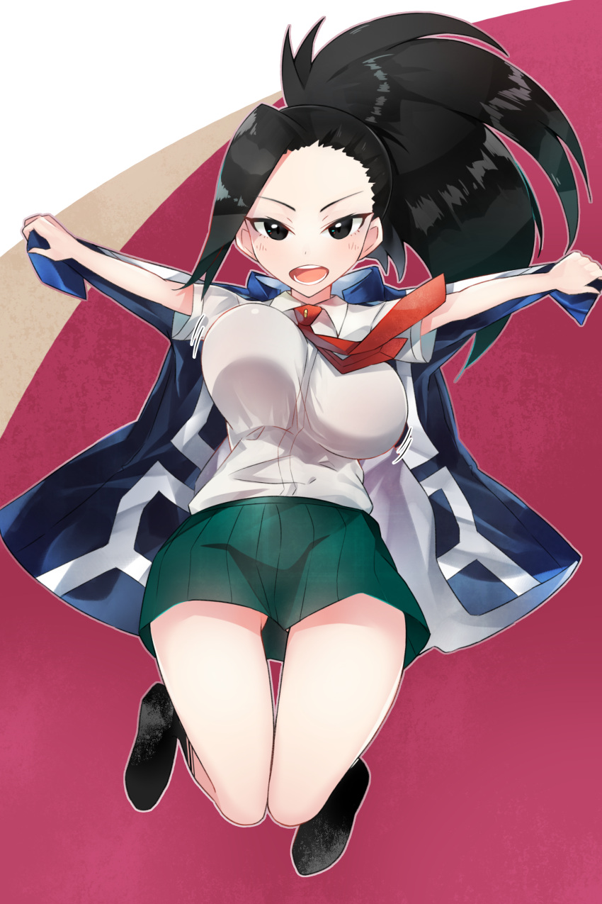1girl absurdres black_eyes black_hair blush boku_no_hero_academia bouncing_breasts breasts collared_shirt full_body highres horaizonu jacket jumping large_breasts long_hair looking_at_viewer multicolored multicolored_background necktie open_mouth outstretched_arms pleated_skirt ponytail red_necktie school_uniform shirt short_sleeves skirt smile solo spread_arms teeth track_jacket yaoyorozu_momo