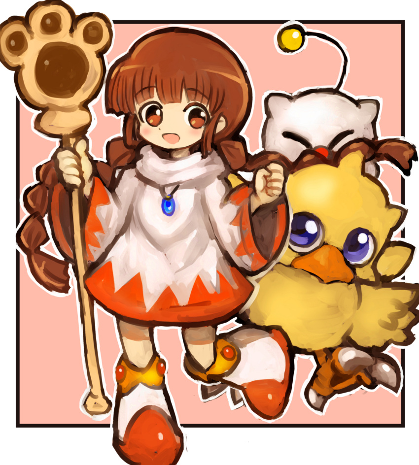 1girl character_request chocobo cosplay dakusuta final_fantasy fushigi_no_dungeon highres long_hair solo staff weapon white_mage white_mage_(cosplay)