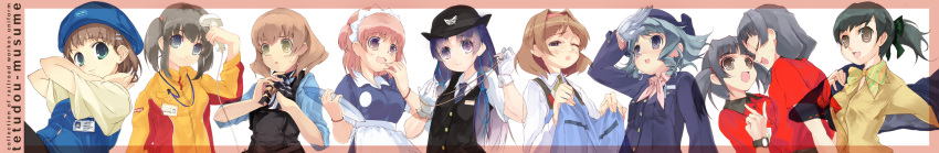 blue_eyes blue_hair brown_hair character_request gloves green_eyes hair_ornament hairclip hat highres kitano_yuusuke long_image police police_uniform policewoman purple_hair smile tetsudou_musume twintails uniform violet_eyes waitress whistle white_gloves wide_image