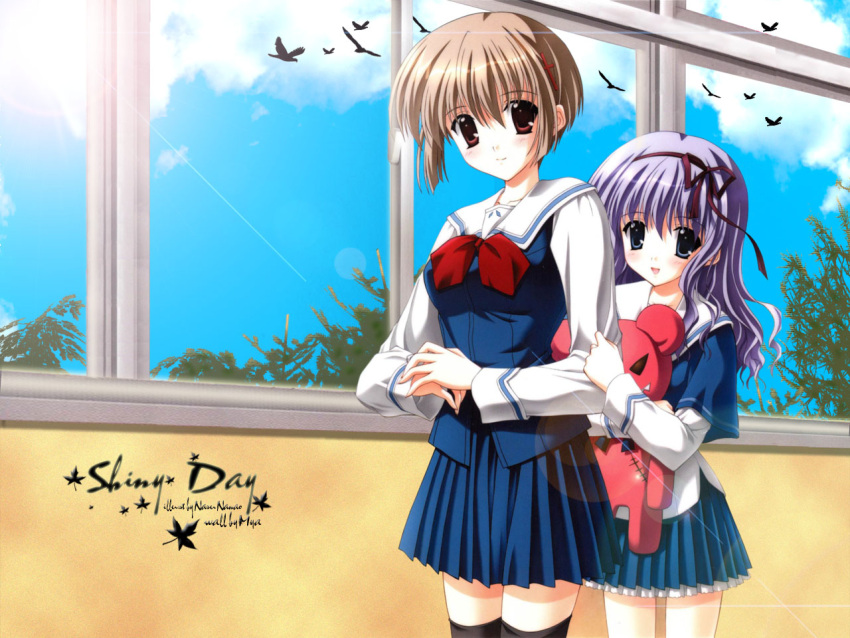 brown_eyes brown_hair doll long_hair nanao_naru purple_hair school_uniform short_hair thighhighs wallpaper