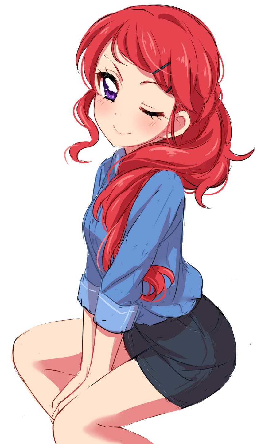 1girl absurdres aikatsu! bangs between_legs black_shorts blue_shirt blush closed_mouth commentary eyebrows_visible_through_hair feet_out_of_frame hair_over_shoulder hand_between_legs highres kurebayashi_juri long_hair looking_at_viewer one_eye_closed redhead sekina shirt short_shorts shorts sitting sketch smile solo swept_bangs violet_eyes