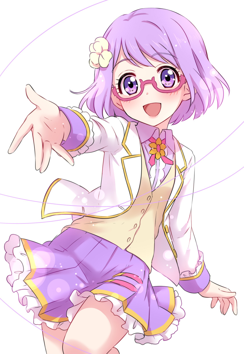 1girl :d aikatsu! aikatsu_stars! commentary cowboy_shot dot_nose eyebrows_visible_through_hair flower glasses hair_flower hair_ornament highres jacket knee_up lavender_hair long_sleeves looking_at_viewer nanakura_koharu open_mouth outstretched_arms pleated_skirt purple_skirt sekina semi-rimless_glasses shirt short_hair simple_background skirt smile solo standing under-rim_glasses violet_eyes white_background white_jacket