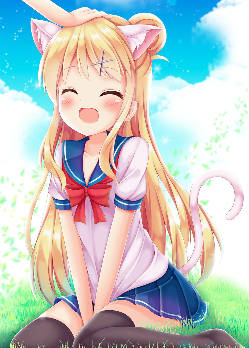 1girl :d ^_^ animal_ears arms_between_legs bangs black_legwear blonde_hair blurry blush bow cat_ears cat_tail closed_eyes clouds cloudy_sky collarbone depth_of_field eyebrows_visible_through_hair grass hair_ornament hairclip hand_on_another's_head highres kin-iro_mosaic kujou_karen long_hair minato_(ojitan_gozaru) open_mouth petting pleated_skirt sailor_collar school_uniform serafuku shiny shiny_hair shiny_skin shirt sitting skirt sky smile solo_focus tail thigh-highs v_arms wariza zettai_ryouiki