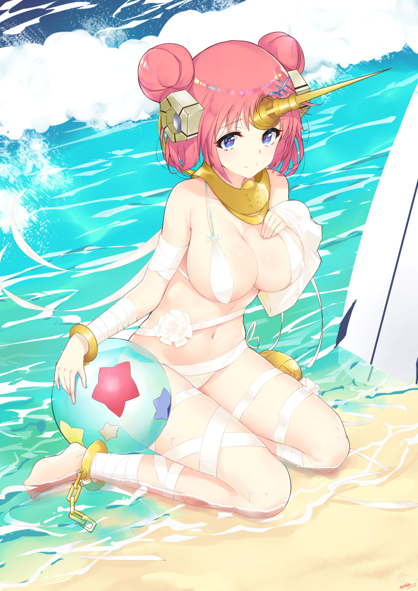 1girl absurdres ball bandage bangs beach beachball berserker_of_black bikini blue_eyes blush breasts cleavage closed_mouth day double_bun dutch_angle eyebrows_visible_through_hair fate/grand_order fate_(series) frankenstein's_monster_(swimsuit_saber)_(fate) hand_on_own_chest highres horn large_breasts looking_at_viewer navel outdoors peng_yong purple_hair short_hair sitting smile solo surfboard swimsuit tareme thighs wariza white_bikini