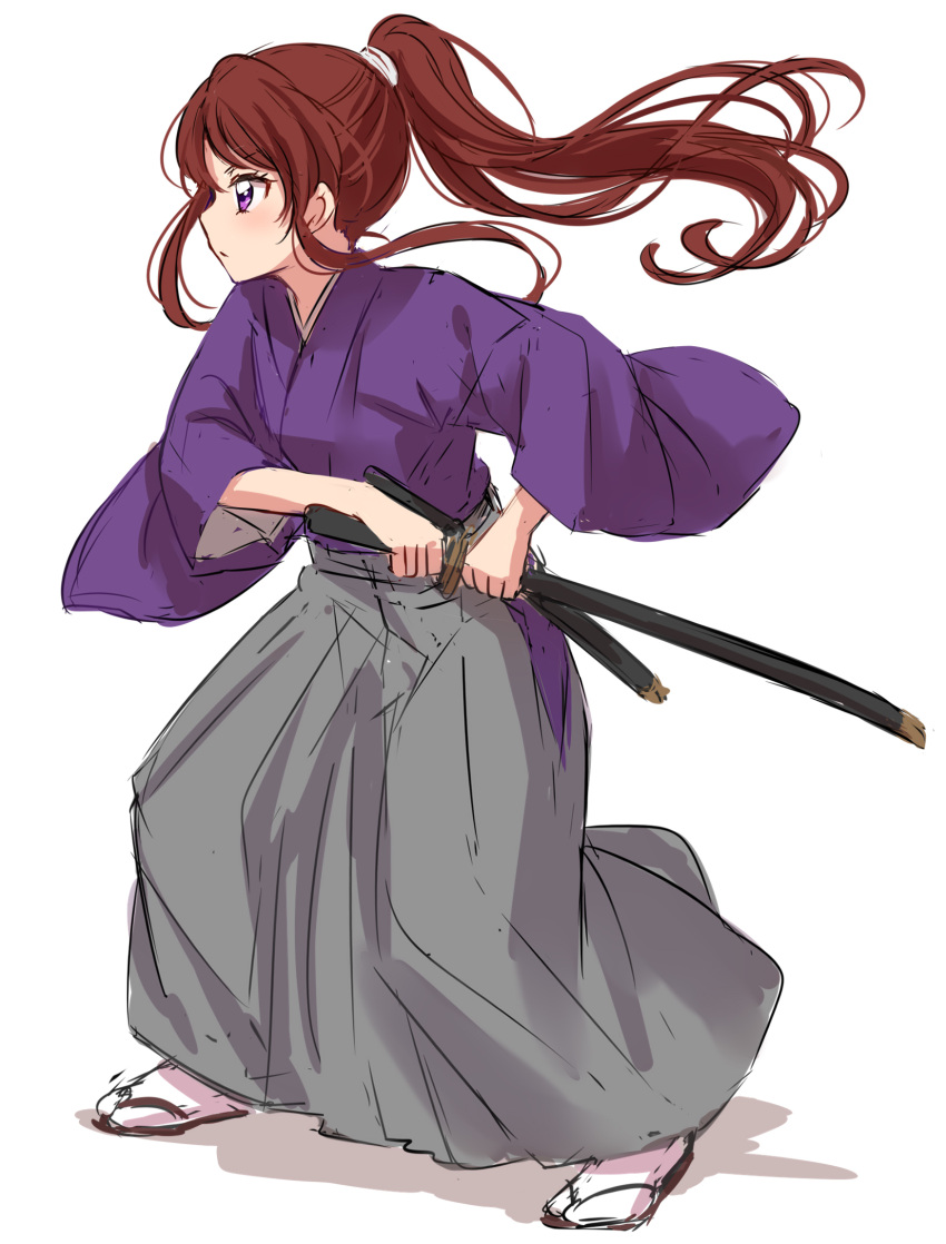 1girl aikatsu! brown_hair closed_mouth from_side hakama highres holding holding_sheath holding_sword holding_weapon japanese_clothes katana light_blush long_hair long_sleeves ponytail profile samurai sandals sekina sheath shibuki_ran simple_background sketch socks solo standing sword unsheathing violet_eyes weapon white_background wide_sleeves