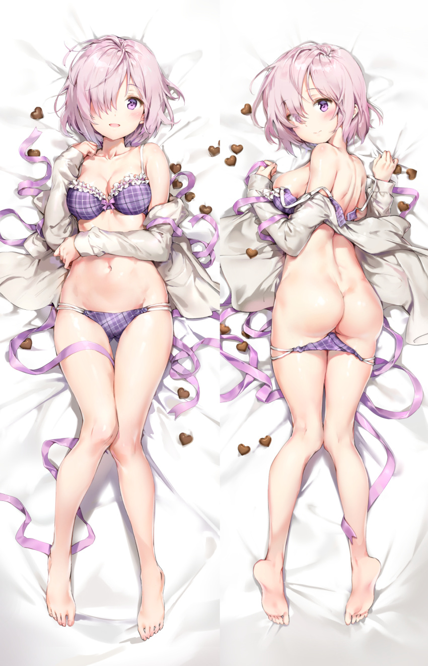 1girl anmi ass bangs bare_legs bare_shoulders barefoot bed_sheet blush bow bow_bra bra breasts chocolate chocolate_heart commentary_request dakimakura detexted eyebrows_visible_through_hair eyes_visible_through_hair fate/grand_order fate_(series) frilled_bra frills from_above full_body hair_over_one_eye heart highres large_breasts lavender_hair looking_at_viewer looking_back lying medium_breasts multi-strapped_panties multiple_views navel off_shoulder on_back on_stomach open_clothes open_mouth panties panty_pull plaid plaid_bra plaid_panties purple_bra purple_panties ribbon sample shielder_(fate/grand_order) short_hair smile underwear violet_eyes