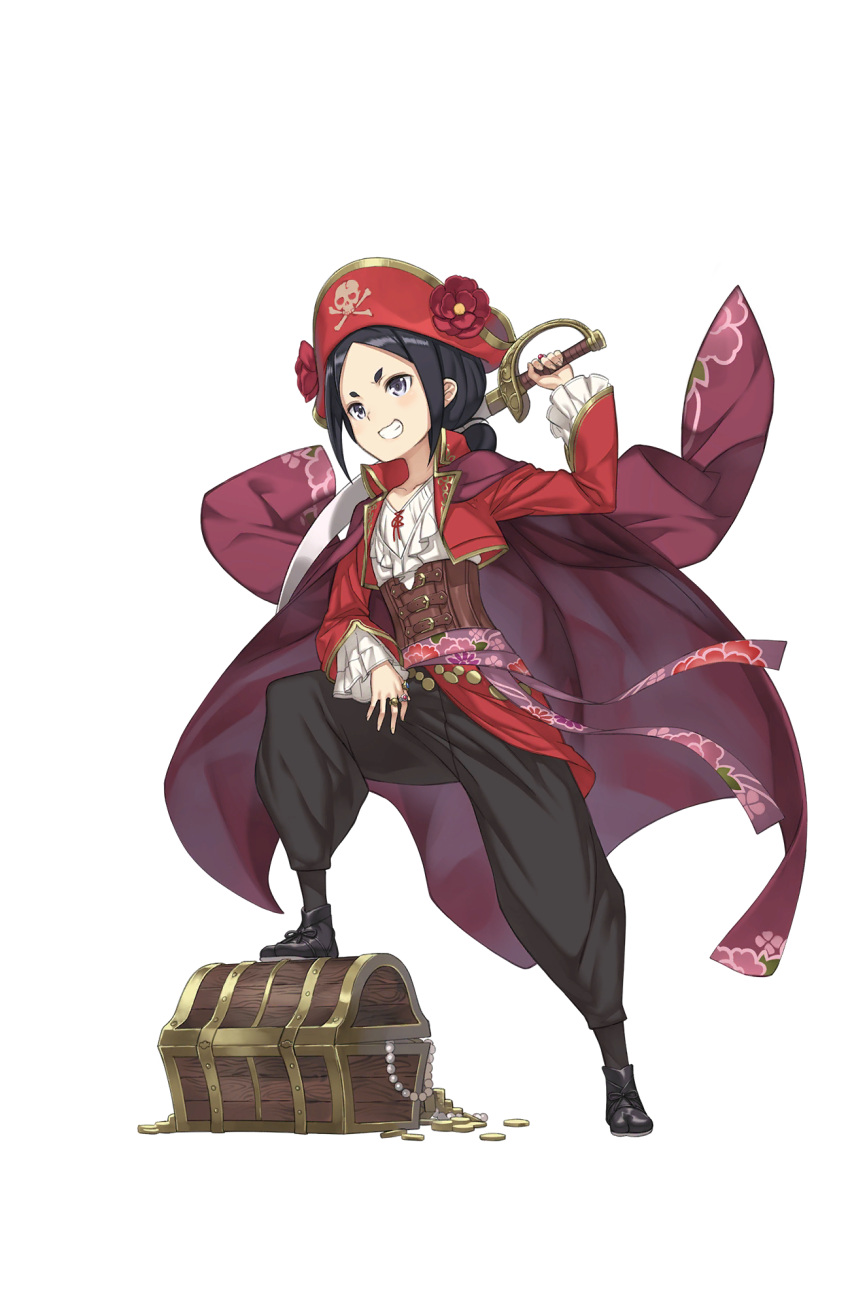 1girl black_eyes black_footwear black_hair black_pants coin flower full_body hat hat_flower highres holding holding_sword holding_weapon jacket_on_shoulders jewelry looking_at_viewer necklace_removed official_art pants parted_lips pirate_hat princess_principal princess_principal_game_of_mission red_hat ring short_hair smile solo standing sword toudou_chise transparent_background treasure_chest weapon