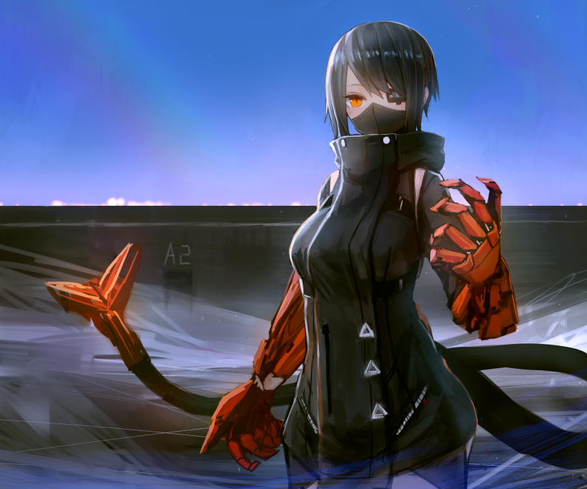 1girl bangs black_hair cyberpunk cyborg eyepatch highres kasagarasu looking_at_viewer mecha_musume mechanical_arm mechanical_tail orange_eyes original science_fiction short_hair sky solo standing sumi_elias swept_bangs