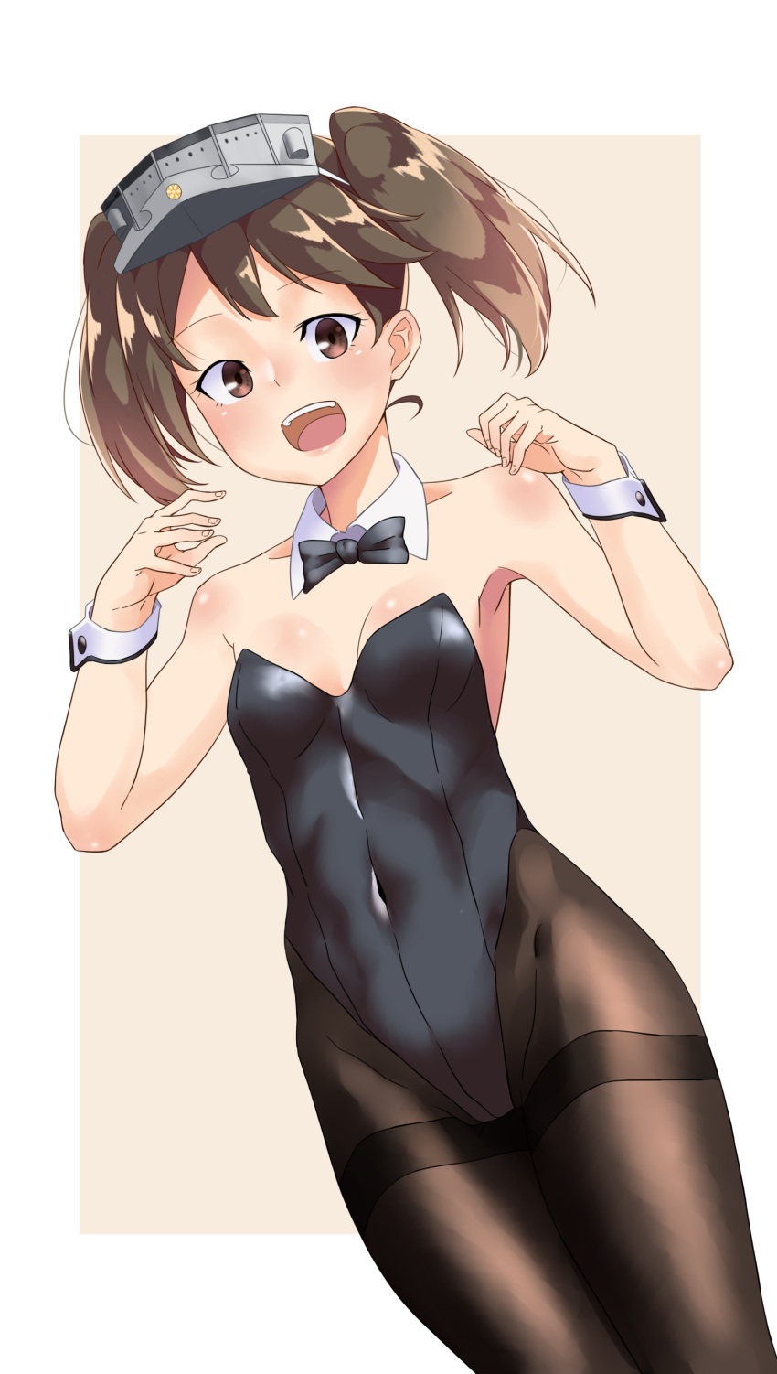 1girl absurdres black_bow black_bowtie black_legwear black_leotard bow bowtie brown_eyes brown_hair covered_navel cowboy_shot detached_collar flat_chest highres hijirin kantai_collection leotard pantyhose ryuujou_(kantai_collection) simple_background solo standing strapless strapless_leotard thighband_pantyhose twintails visor_cap white_background