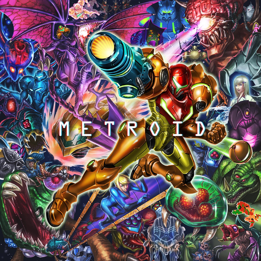 alien arm_cannon blonde_hair character_request claws crawling dark_samus everyone fangs highres kraid metroid metroid_prime metroid_prime_2:_echoes monster multiple_persona ponytail power_armor ridley samus_aran space space_craft space_pirate talons varia_suit weapon wings zero_suit zuma_(zuma_yskn)