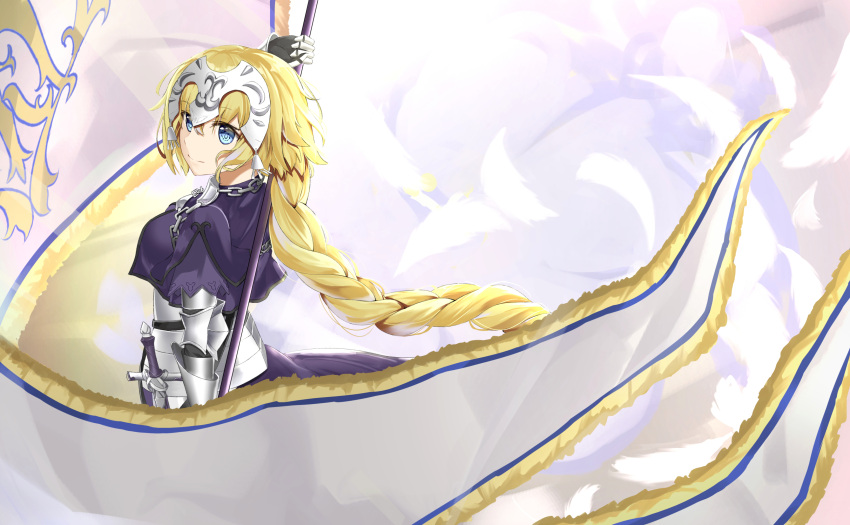 1girl absurdres armor armored_dress banner black_dress blonde_hair blue_eyes braid dress eyebrows_visible_through_hair fate/grand_order fate_(series) floating_hair gauntlets highres hikashou holding holding_weapon long_hair ruler_(fate/apocrypha) sheath sheathed single_braid smile solo standing sword very_long_hair weapon white_feathers