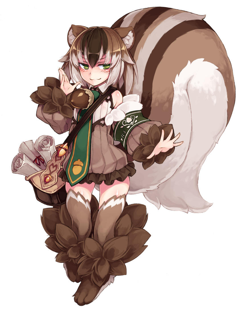 1girl :3 absurdres animal_ears bag bare_shoulders blush brown_dress brown_hair closed_mouth dress eyebrows_visible_through_hair fluffy full_body fur gradient_hair green_eyes hair_between_eyes highres kenkou_cross looking_at_viewer monster_girl monster_girl_encyclopedia multicolored_hair official_art outstretched_arm paws petite puffy_sleeves ratatoskr_(monster_girl_encyclopedia) scroll short_hair simple_background smile solo squirrel_ears squirrel_tail streaked_hair striped_tail tail white_background white_hair