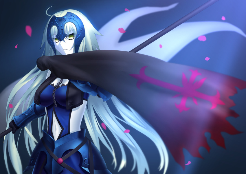 1girl ahoge answering armor armored_dress banner black_gloves blue_background blue_dress breasts chains dress eyebrows_visible_through_hair fate/grand_order fate_(series) floating_hair gloves highres holding holding_weapon jeanne_alter long_hair looking_at_viewer medium_breasts navel parted_lips petals ruler_(fate/apocrypha) silver_hair smile solo standing stomach very_long_hair weapon white_skin yellow_eyes