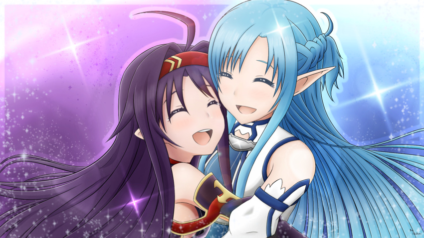 2girls ahoge asuna_(sao) asuna_(sao-alo) blue_hair closed_eyes detached_sleeves floating_hair hairband highres hug long_hair multiple_girls open_mouth pointy_ears red_hairband shikori smile sparkle sword_art_online tears upper_body very_long_hair yuuki_(sao)