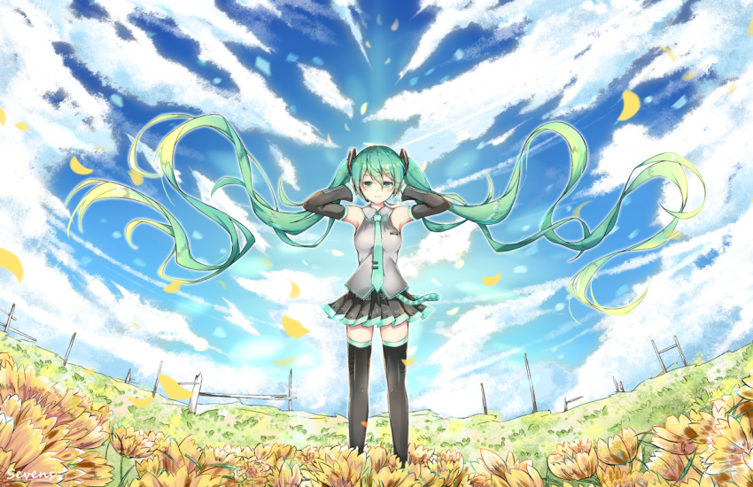 1girl absurdly_long_hair artist_name black_legwear black_skirt blue_necktie breasts clouds cloudy_sky day detached_sleeves field floating_hair flower flower_field green_eyes green_hair grey_shirt hair_between_eyes hair_ornament hatsune_miku long_hair looking_at_viewer medium_breasts miniskirt necktie outdoors pleated_skirt sevens_(treefeather) shiny shiny_clothes shirt skirt sky sleeveless sleeveless_shirt smile solo standing thigh-highs twintails very_long_hair vocaloid zettai_ryouiki