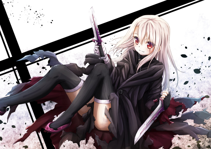 1girl assassin_of_black assassin_of_black_(cosplay) black_gloves black_legwear cosplay dual_wielding fate/stay_night fate_(series) fingerless_gloves floating_hair full_body gloves hair_between_eyes highres holding holding_knife illyasviel_von_einzbern knife long_hair red_eyes silver_hair smile solo thigh-highs utatanecocoa