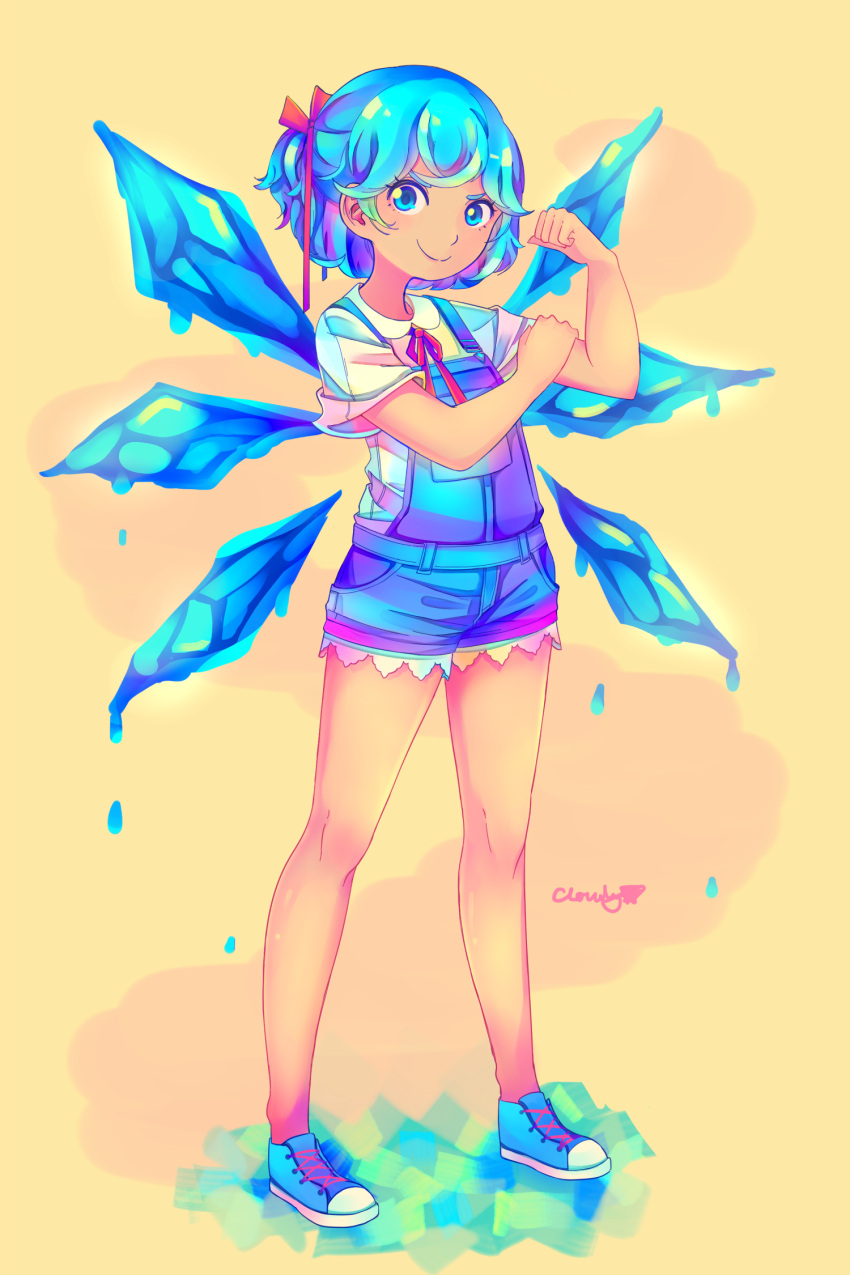 &gt;:) 1girl alternate_costume artist_name belt blue_belt blue_eyes blue_hair blue_shoes blue_shorts cirno clenched_hand cloudytian collared_shirt commentary english frilled_shorts frills hair_ribbon hand_on_own_arm highres ice ice_wings looking_at_viewer melting neck_ribbon no_hair_bow orange_background overalls ponytail puddle red_ribbon ribbon shirt shoes short_hair short_sleeves shorts simple_background smile solo_focus tan tanned_cirno touhou white_shirt wings yellow_background