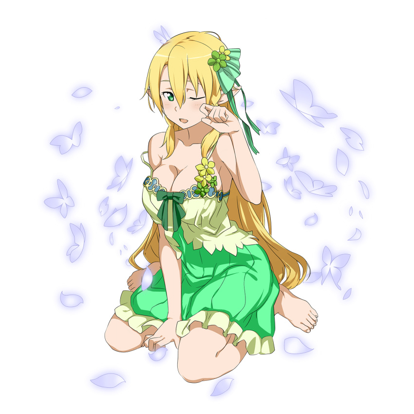 1girl barefoot blonde_hair blush breasts butterfly cleavage full_body green_eyes hand_on_own_cheek highres insect_on_head large_breasts leafa long_hair open_mouth pointy_ears ponytail sitting solo strap_slip sword_art_online wariza