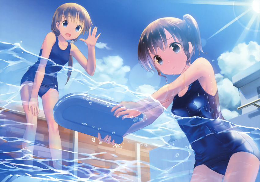 2girls absurdres blue_eyes blue_swimsuit brown_hair day highres huge_filesize multiple_girls original school_swimsuit swimsuit takoyaki_(roast)