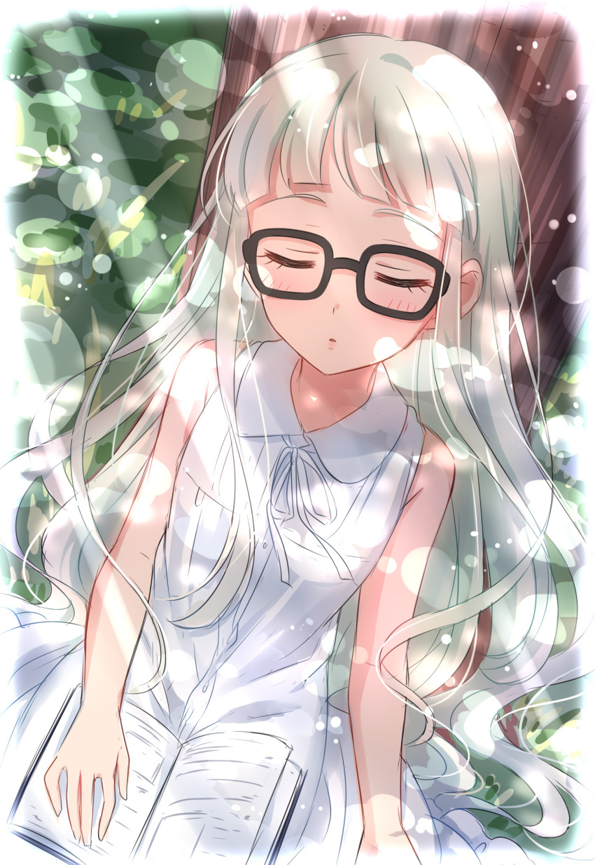 1girl against_tree aikatsu! bangs bare_arms bare_shoulders blunt_bangs blush book closed_mouth dappled_sunlight day dress glasses highres long_hair open_book outdoors parted_lips sekina silver_hair sitting sleeping solo sunlight toudou_yurika tree under_tree white_dress