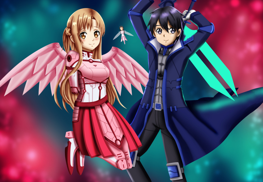 alternate_costume angel angel_wings arms_behind_back asuna_(sao) background black_coat black_eyes brown_eyes brown_hair happy kirito long_hair pink_outfit plugsuit saber short_hair sincity2100 skirt sword_art_online wings yui_(sao)