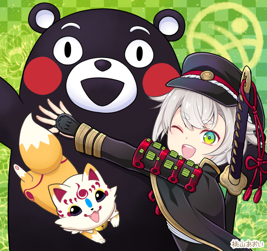 1boy ;d armor bear bell cape checkered checkered_background fangs fox green_eyes hat highres hotarumaru hug japanese_armor konnosuke kumamon male_focus momoyama_aoi one_eye_closed ootachi open_mouth sheath sheathed silver_hair smile sode sword touken_ranbu weapon