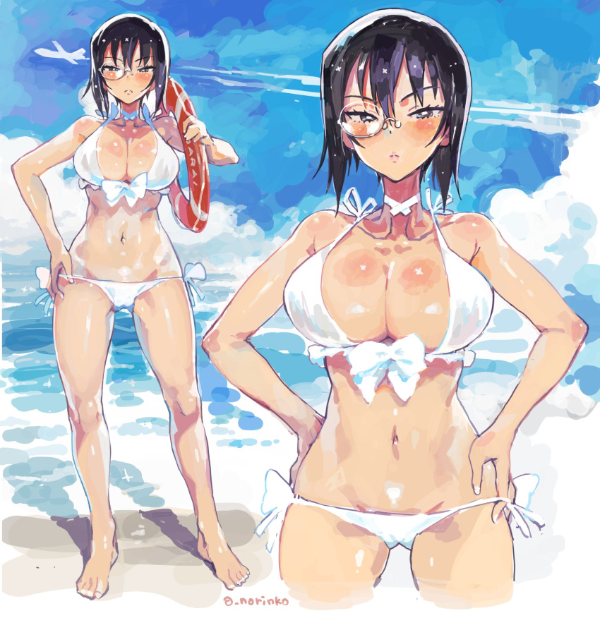 1girl aircraft airplane bare_arms bare_legs bare_shoulders barefoot beach bikini black_hair blue_eyes blush breasts choker closed_mouth condensation_trail girls_und_panzer hair_between_eyes hand_on_hip hands_on_hips highres innertube kawashima_momo large_breasts looking_at_viewer monocle multiple_views navel norinco outdoors sand shore short_hair side-tie_bikini signature swimsuit white_bikini