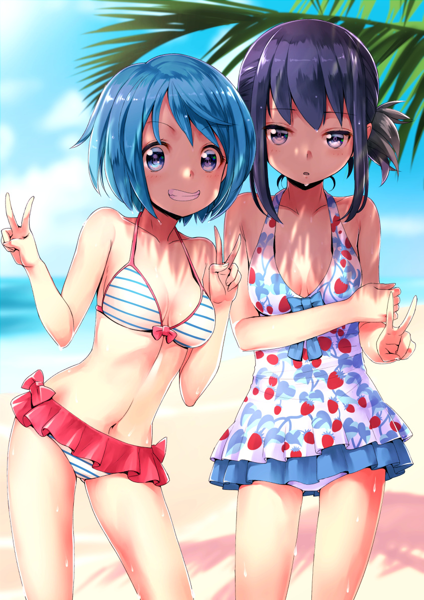 2girls akemi_homura bangs beach bikini bikini_skirt black_hair blue_hair blue_skirt blue_sky blush breasts clouds cloudy_sky collarbone commentary_request day double_v eyebrows_visible_through_hair grin highres looking_at_viewer mahou_shoujo_madoka_magica medium_breasts microskirt miki_sayaka multiple_girls one-piece_swimsuit outdoors palm_tree parted_lips red_skirt revision rin2008 short_hair sidelocks skirt sky smile standing striped striped_bikini sweat swimsuit thighs tree v violet_eyes wet white_swimsuit