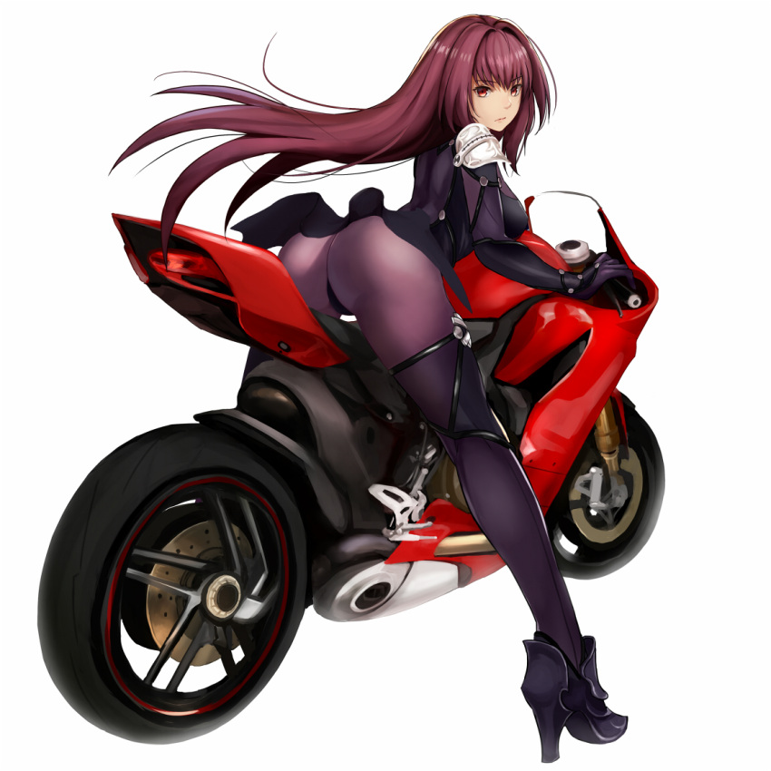 1girl ankle_boots ass bangs bodysuit boots breasts closed_mouth eyebrows eyebrows_visible_through_hair fate/grand_order fate_(series) floating_hair from_behind full_body gloves ground_vehicle high_heel_boots high_heels jilllxlxl large_breasts leaning_forward long_hair looking_at_viewer looking_back motor_vehicle motorcycle pauldrons pink_lips purple_bodysuit purple_hair red_eyes revision riding scathach_(fate/grand_order) simple_background solo white_background