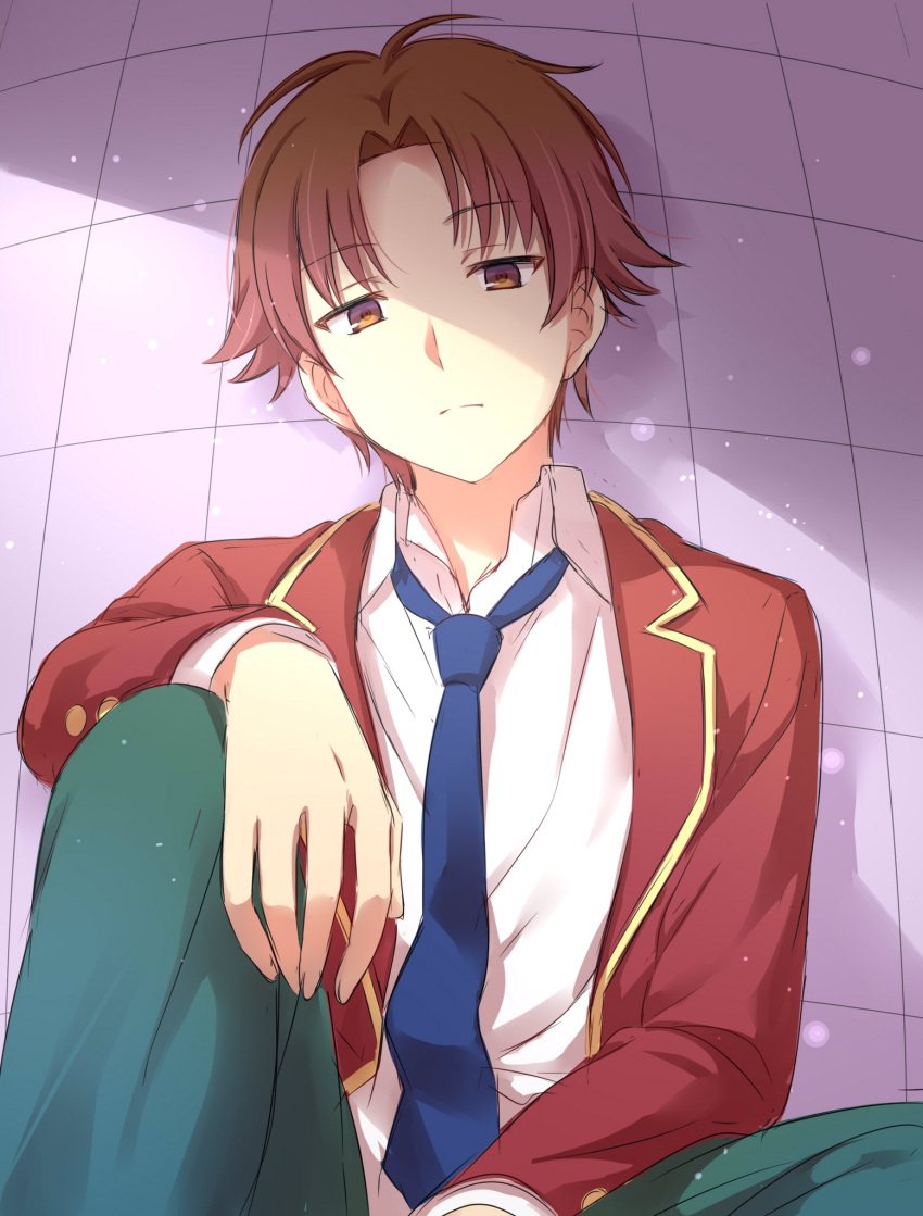 1boy against_wall ayanokouji_kiyotaka bangs blue_necktie brown_eyes brown_hair closed_mouth commentary expressionless eyebrows_visible_through_hair green_pants hand_on_own_knee highres jacket long_sleeves looking_at_viewer male_focus necktie pants red_jacket sekina shirt sitting solo white_shirt youkoso_jitsuryoku_shijou_shugi_no_kyoushitsu_e