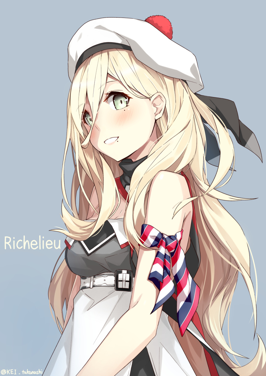 1girl armband bare_shoulders belt beret blonde_hair character_name dress grey_background hair_between_eyes hat highres kantai_collection long_hair looking_at_viewer mole mole_under_eye mole_under_mouth parted_lips pom_pom_(clothes) richelieu_(kantai_collection) signature simple_background smile solo takanashi_kei_(hitsujikan) twitter_username upper_body yellow_eyes